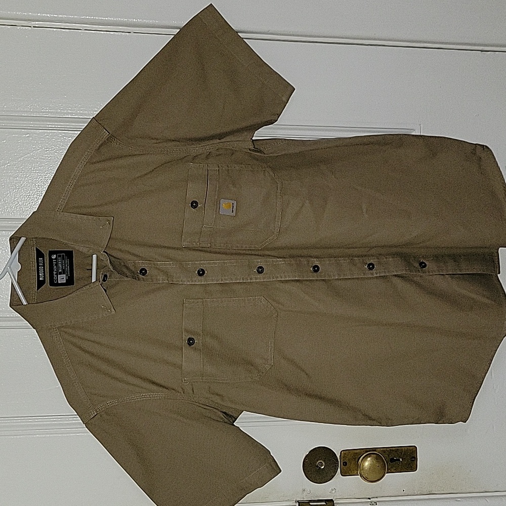 Mens Carhartt Relaxed Flex L Short Sleeve Camel Color Shirt Work/ Casual